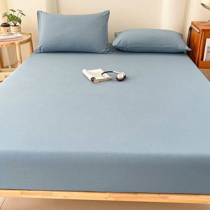 91家纺网 家纺一手货源 找家纺 梦卓家纺 2026新款ins纯色系列亲肤水洗棉床笠 雾蓝