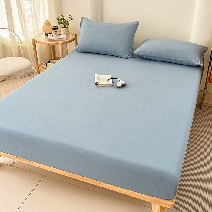 91家纺网 家纺一手货源 找家纺 梦卓家纺 2026新款ins纯色系列亲肤水洗棉床笠 雾蓝