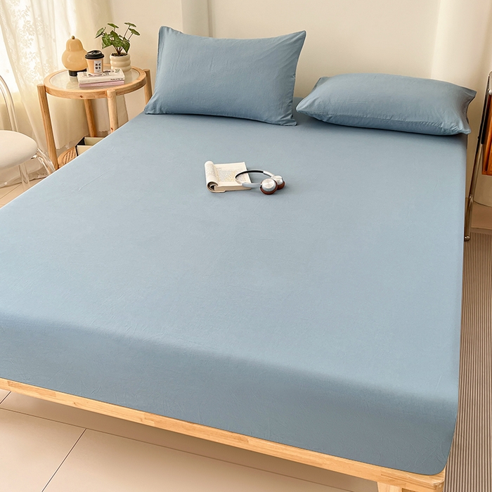 91家纺网 家纺一手货源 找家纺 梦卓家纺 2026新款ins纯色系列亲肤水洗棉床笠 雾蓝