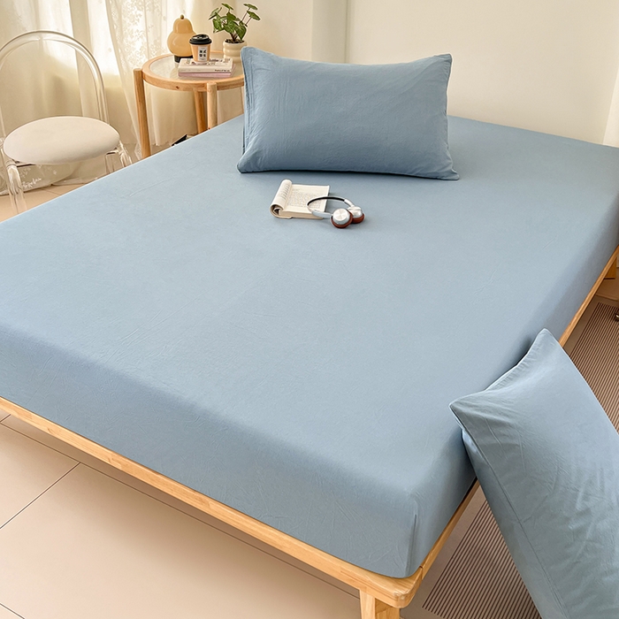 91家纺网 家纺一手货源 找家纺 梦卓家纺 2026新款ins纯色系列亲肤水洗棉床笠 雾蓝