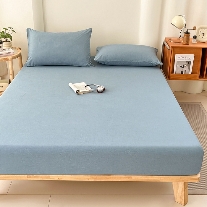 91家纺网 家纺一手货源 找家纺 梦卓家纺 2026新款ins纯色系列亲肤水洗棉床笠 雾蓝