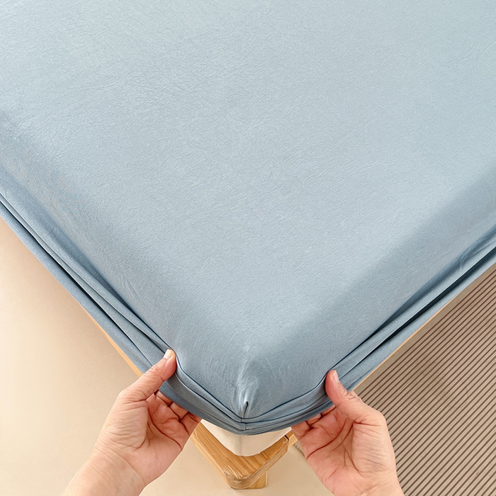 91家纺网 家纺一手货源 找家纺 梦卓家纺 2026新款ins纯色系列亲肤水洗棉床笠 雾蓝