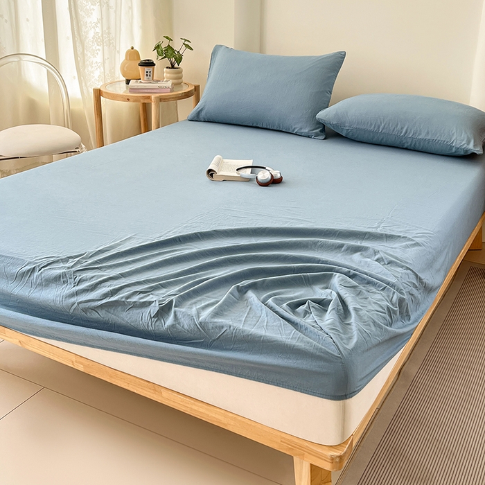 91家纺网 家纺一手货源 找家纺 梦卓家纺 2026新款ins纯色系列亲肤水洗棉床笠 雾蓝