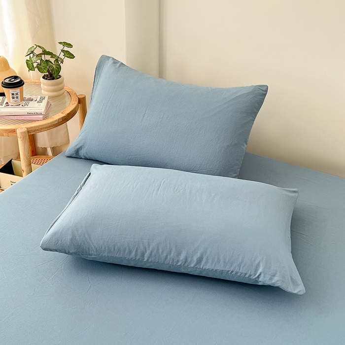 91家纺网 家纺一手货源 找家纺 梦卓家纺 2026新款ins纯色系列亲肤水洗棉床笠 雾蓝