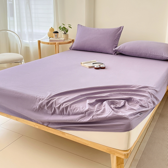 91家纺网 家纺一手货源 找家纺 梦卓家纺 2026新款ins纯色系列亲肤水洗棉床笠 芋泥紫