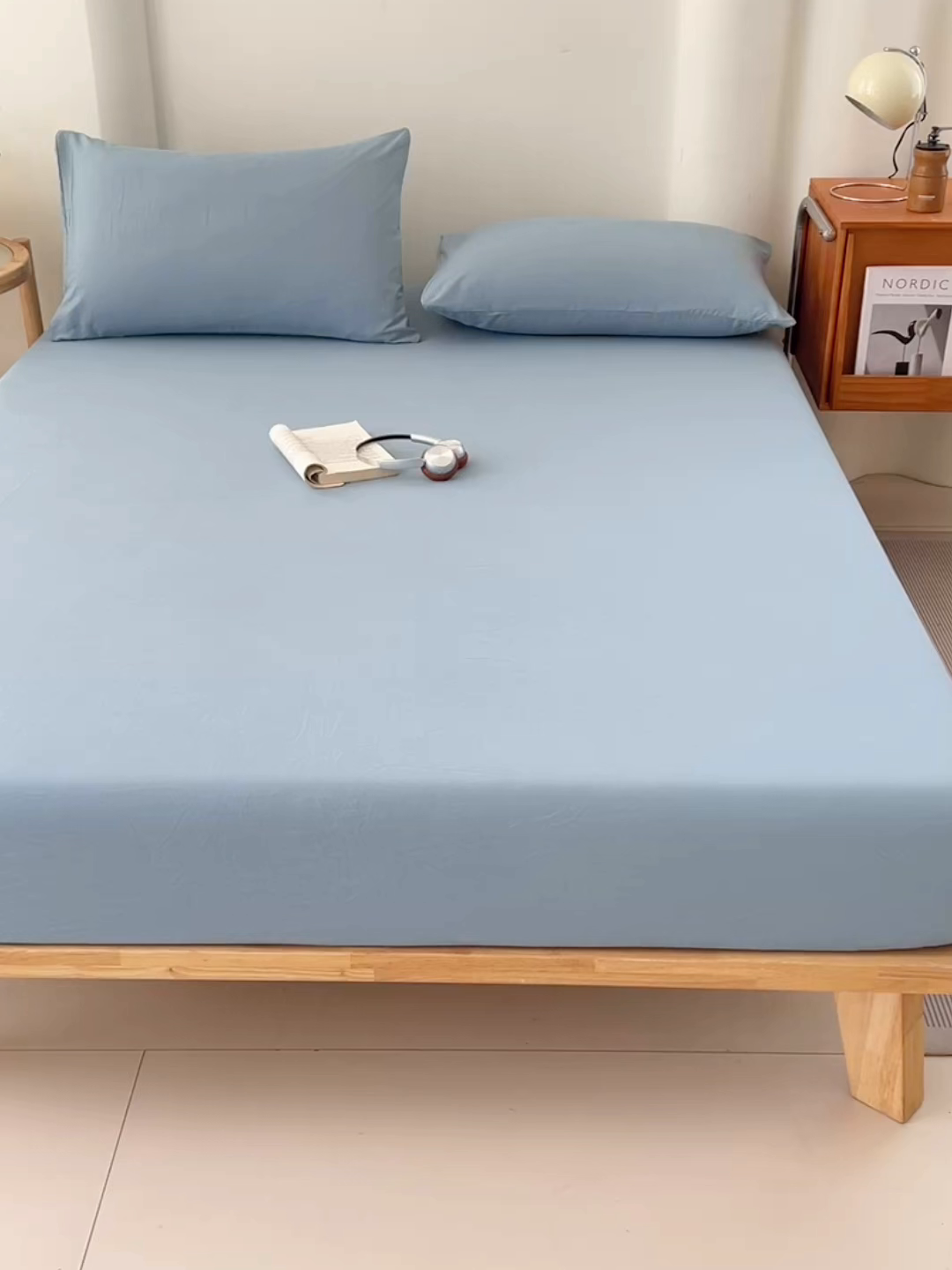 91家纺网 家纺一手货源 找家纺 梦卓家纺 2026新款ins纯色系列亲肤水洗棉床笠 雾蓝