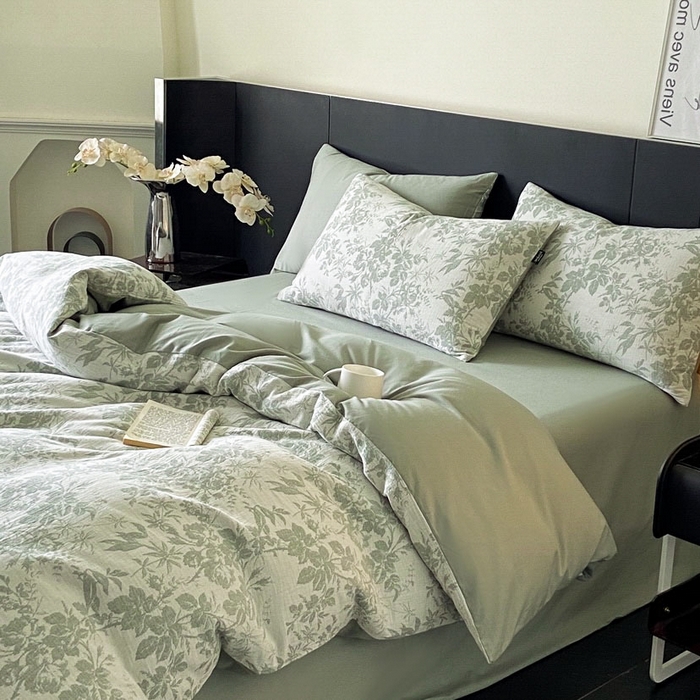 91家纺网 家纺一手货源 找家纺 宜代光年 2026新款60S水洗棉全棉纯棉三层纱色织提花单被套被套单件 繁花-绿