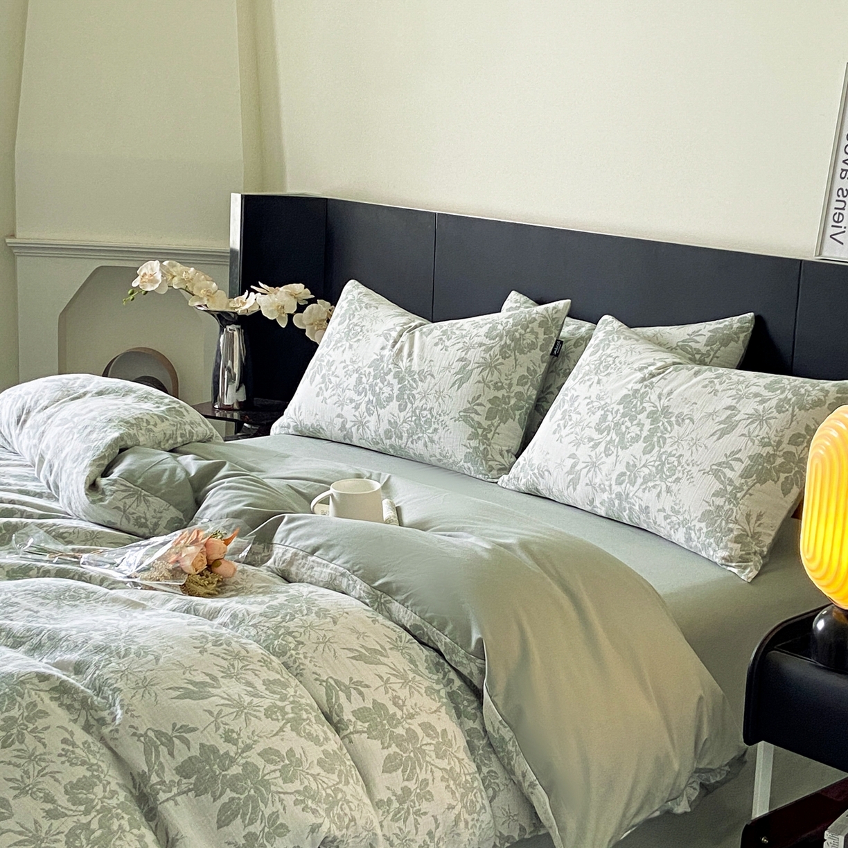 91家纺网 家纺一手货源 找家纺 宜代光年 2026新款60S水洗棉全棉纯棉三层纱色织提花单被套被套单件 繁花-绿