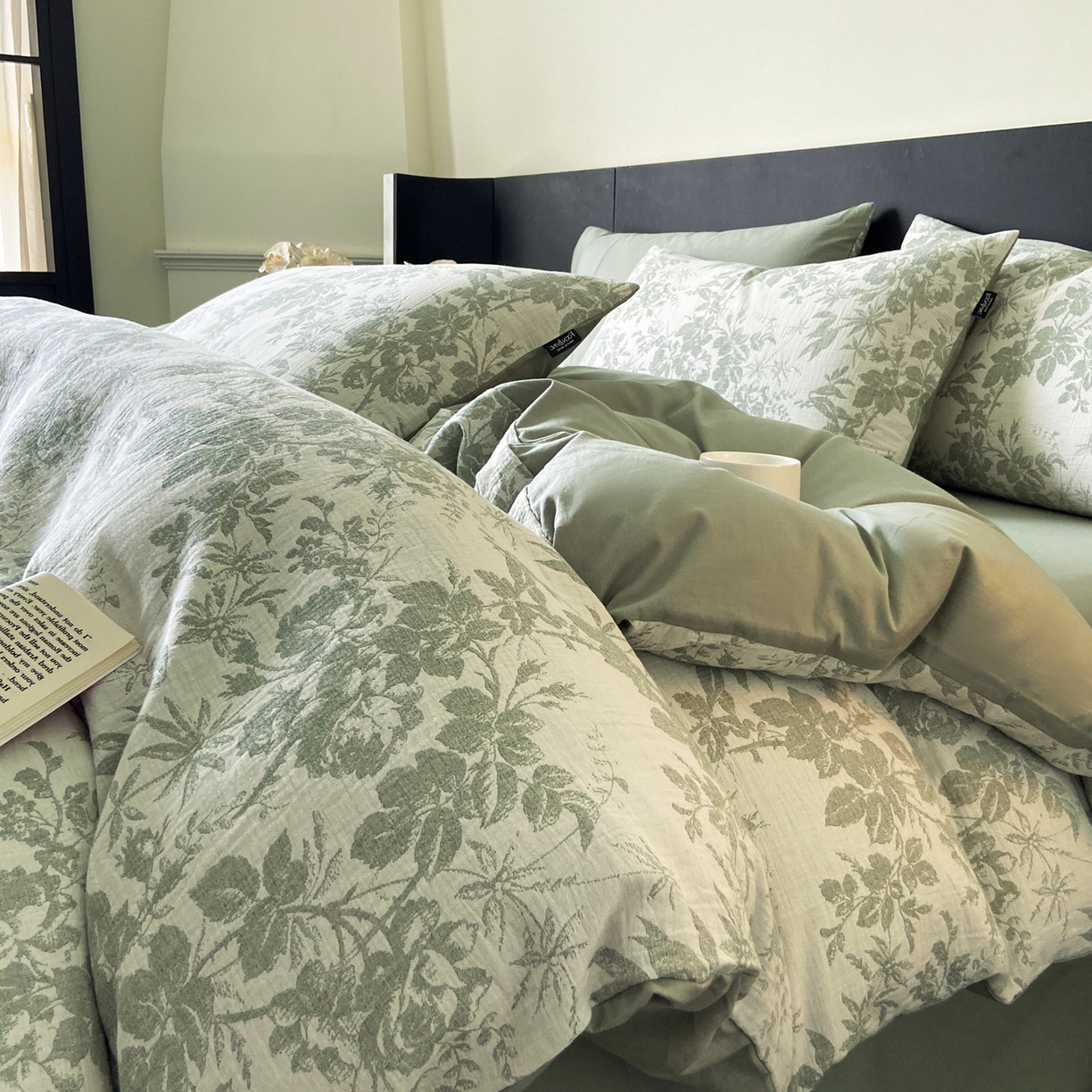 91家纺网 家纺一手货源 找家纺 宜代光年 2026新款60S水洗棉全棉纯棉三层纱色织提花单被套被套单件 繁花-绿