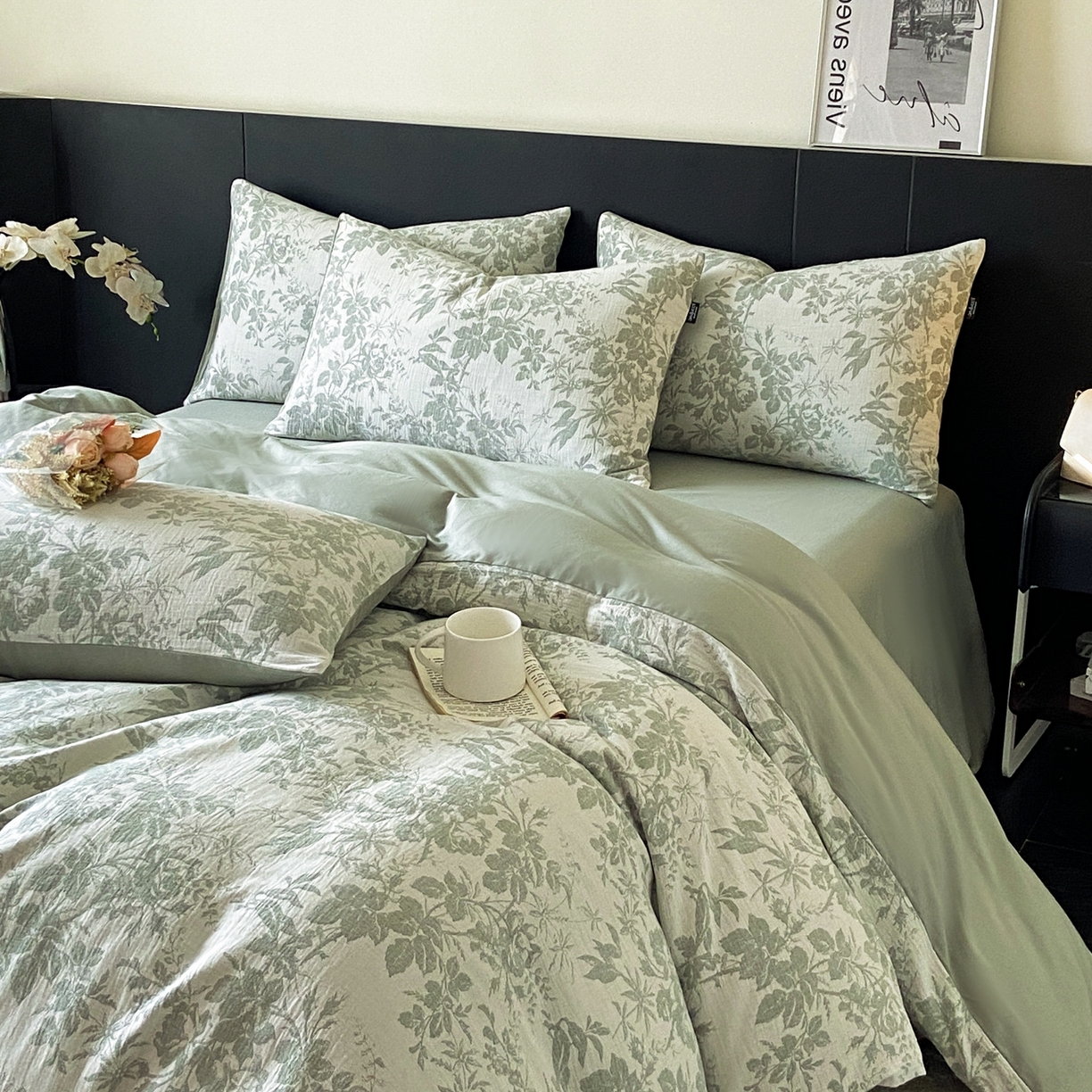 91家纺网 家纺一手货源 找家纺 宜代光年 2026新款60S水洗棉全棉纯棉三层纱色织提花单被套被套单件 繁花-绿