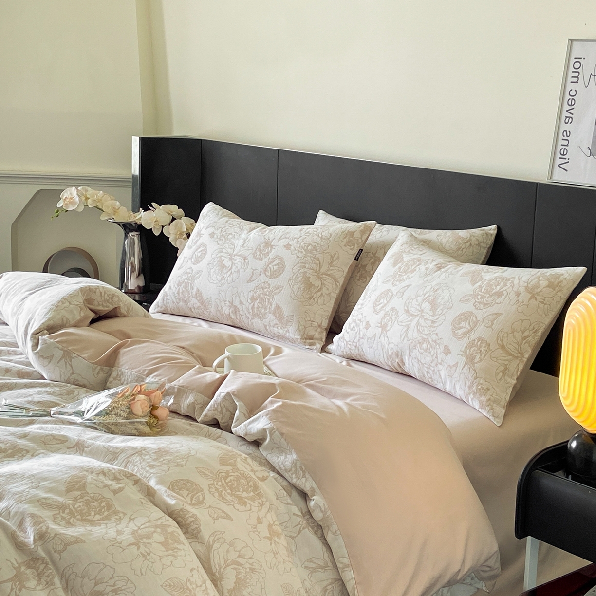 91家纺网 家纺一手货源 找家纺 宜代光年 2026新款60S水洗棉全棉纯棉三层纱色织提花单被套被套单件 牡丹-咖