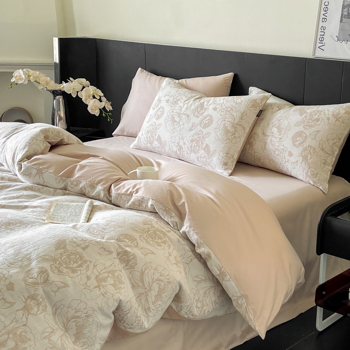 91家纺网 家纺一手货源 找家纺 宜代光年 2026新款60S水洗棉全棉纯棉三层纱色织提花单被套被套单件 牡丹-咖