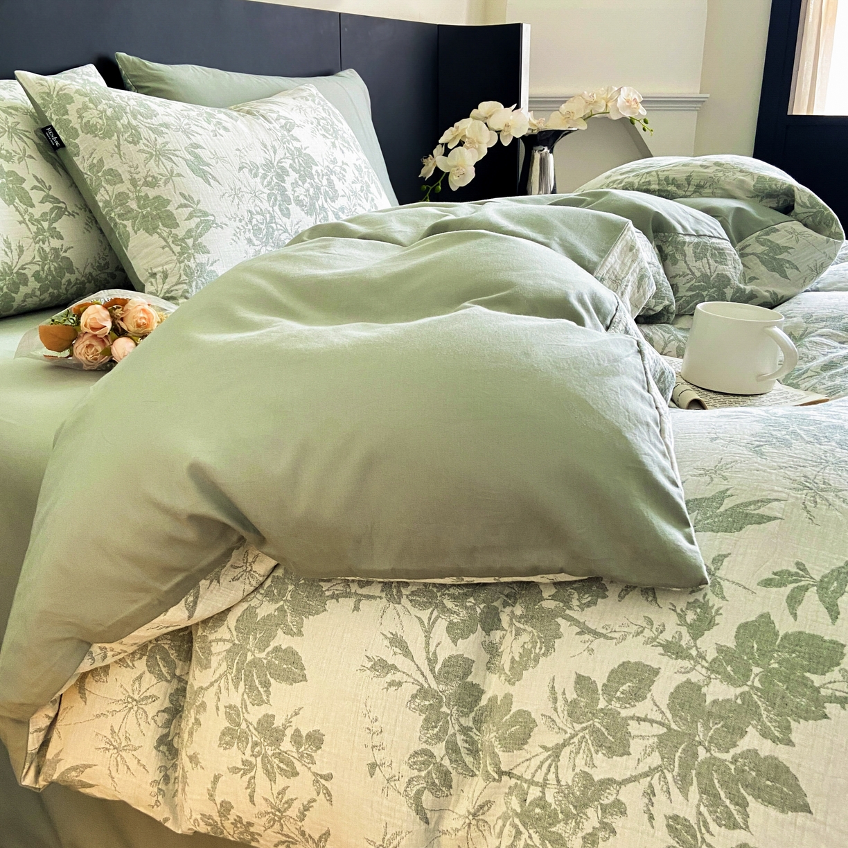 91家纺网 家纺一手货源 找家纺 宜代光年 2026新款60S水洗棉全棉纯棉三层纱色织提花单被套被套单件 繁花-绿