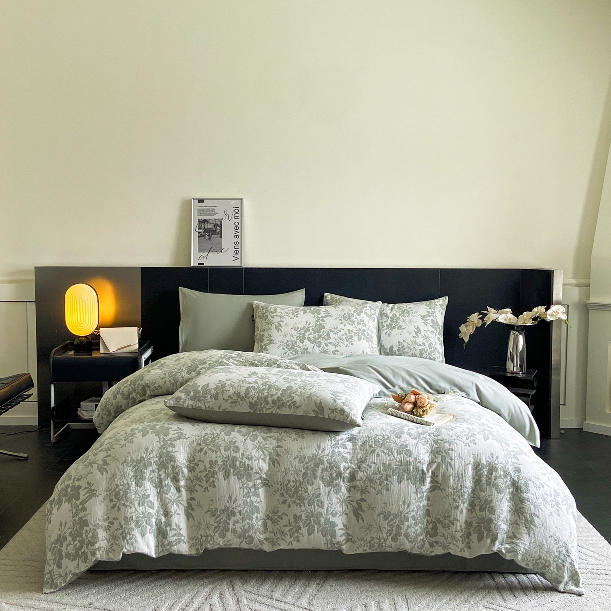 91家纺网 家纺一手货源 找家纺 宜代光年 2026新款60S水洗棉全棉纯棉三层纱色织提花单被套被套单件 繁花-绿