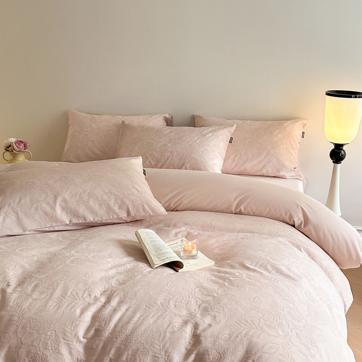 91家纺网 家纺一手货源 找家纺 宜代光年 2026新款60S水洗棉全棉纯棉三层纱色织提花单被套被套单件 海棠