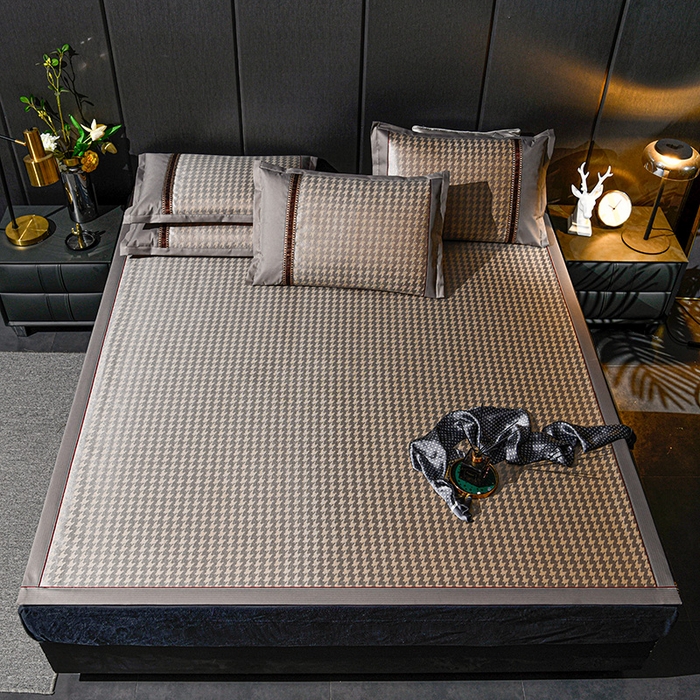 91家纺网 家纺一手货源 找家纺 小牛席业 2026新款粗冰丝千鸟格冰藤席席子系列 千鸟格-咖色