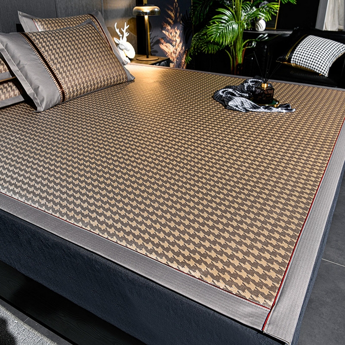 91家纺网 家纺一手货源 找家纺 小牛席业 2026新款粗冰丝千鸟格冰藤席席子系列 千鸟格-咖色