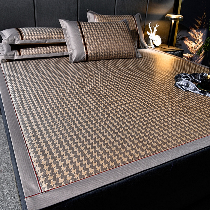 91家纺网 家纺一手货源 找家纺 小牛席业 2026新款粗冰丝千鸟格冰藤席席子系列 千鸟格-咖色