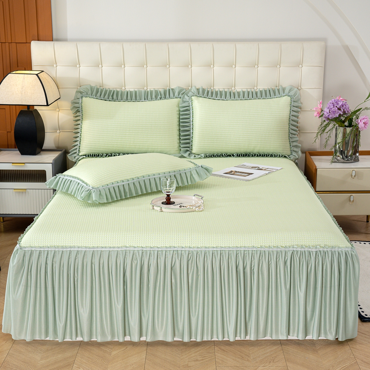 91家纺网 家纺一手货源 找家纺 归属 2026新款冰豆豆床裙款凉席凉豆豆长裙款凉席 果绿