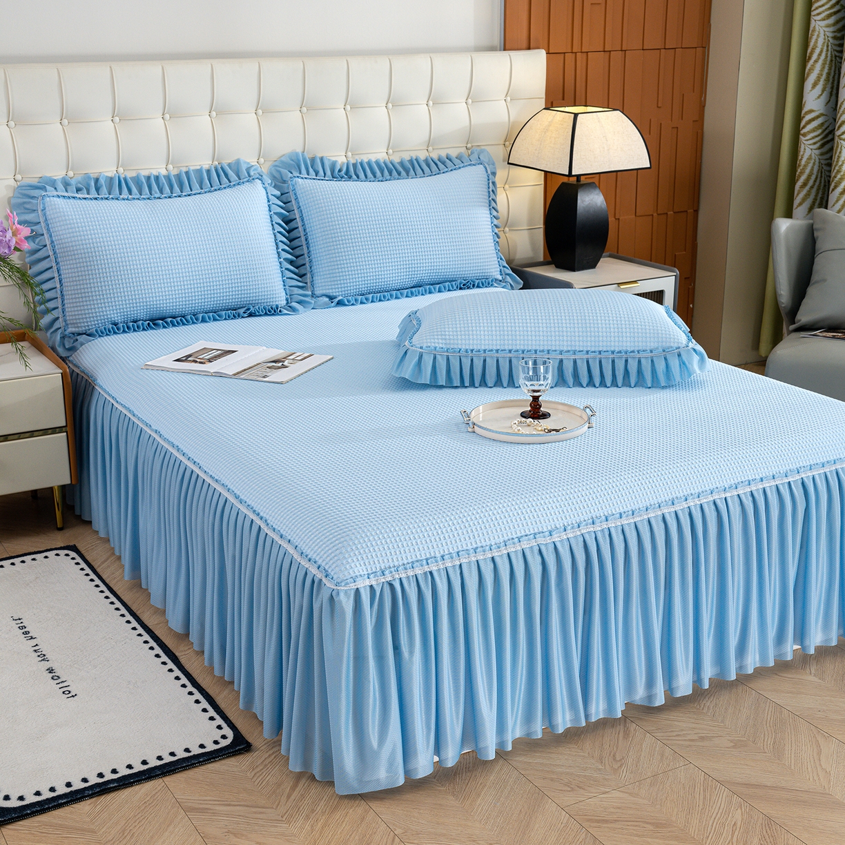 91家纺网 家纺一手货源 找家纺 归属 2026新款冰豆豆床裙款凉席凉豆豆长裙款凉席 天蓝