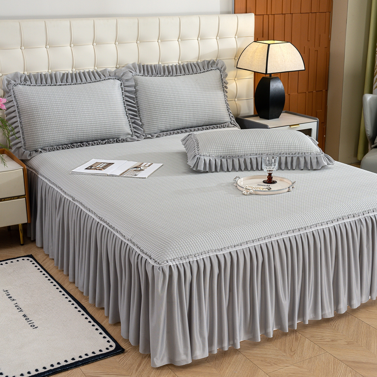 91家纺网 家纺一手货源 找家纺 归属 2026新款冰豆豆床裙款凉席凉豆豆长裙款凉席 中灰