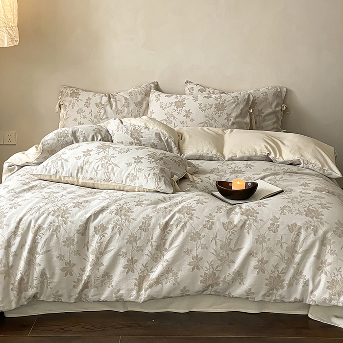 91家纺网 家纺一手货源 找家纺 宜代光年 2026新款棉麻人字纹提花四件套系列 枝蔓