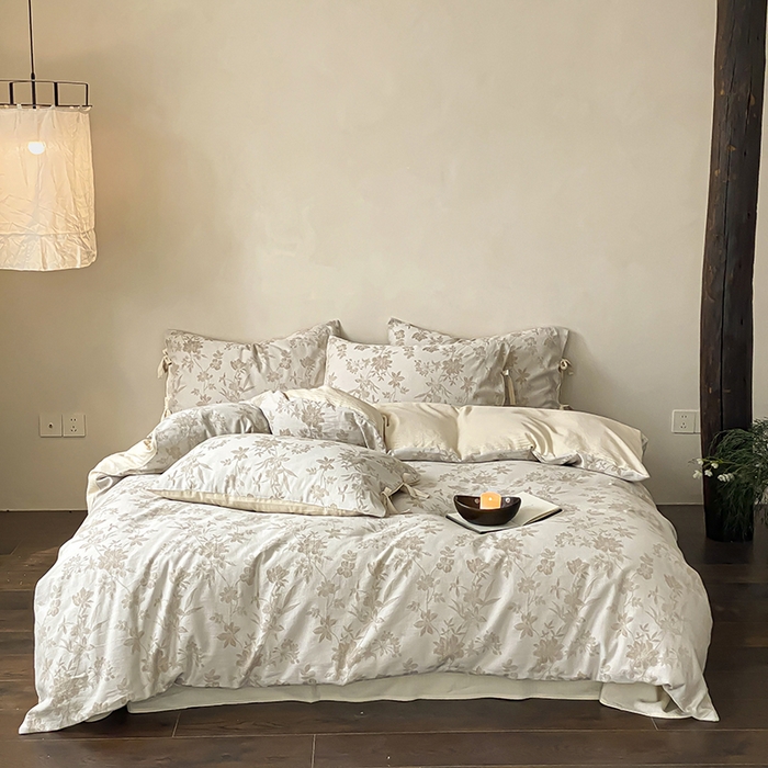 91家纺网 家纺一手货源 找家纺 宜代光年 2026新款棉麻人字纹提花四件套系列 枝蔓