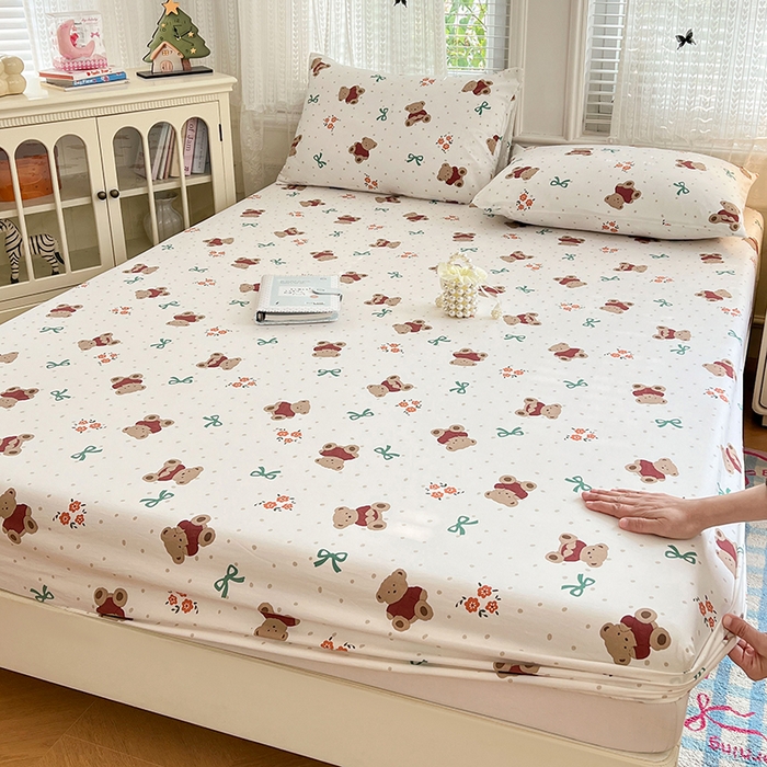 梦卓家纺 2026新款印花卡通系列亲肤水洗棉床笠 韩国小熊