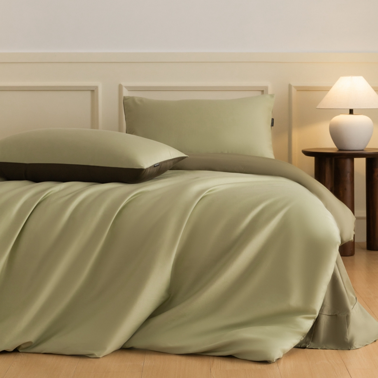 91家纺网 家纺一手货源 找家纺 秀色家纺 2026新款高端100pro新疆长绒棉床上四件套全棉纯棉四季纯色双拼高级感礼品团购四件套-米朵 米朵-春水浅绿+橄榄深绿