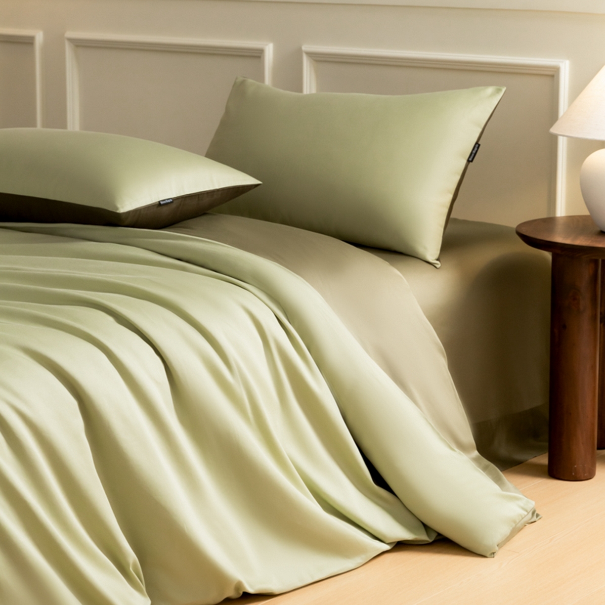 91家纺网 家纺一手货源 找家纺 秀色家纺 2026新款高端100pro新疆长绒棉床上四件套全棉纯棉四季纯色双拼高级感礼品团购四件套-米朵 米朵-春水浅绿+橄榄深绿