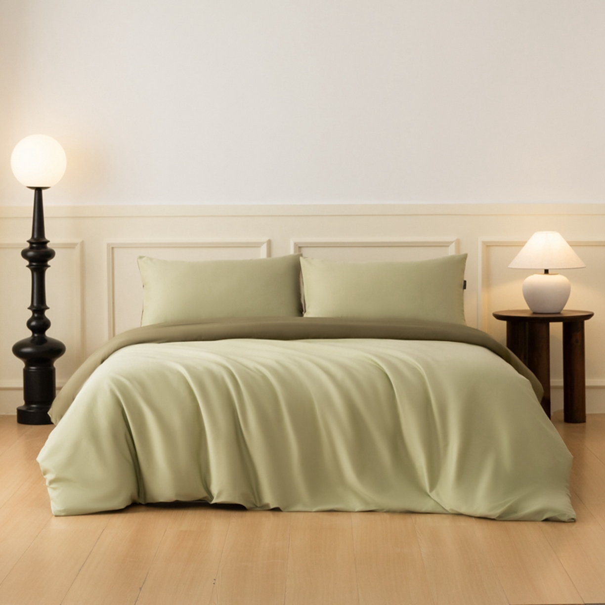 91家纺网 家纺一手货源 找家纺 秀色家纺 2026新款高端100pro新疆长绒棉床上四件套全棉纯棉四季纯色双拼高级感礼品团购四件套-米朵 米朵-春水浅绿+橄榄深绿