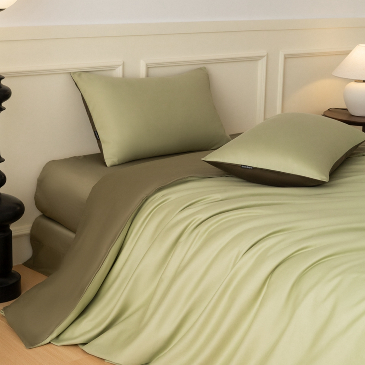 91家纺网 家纺一手货源 找家纺 秀色家纺 2026新款高端100pro新疆长绒棉床上四件套全棉纯棉四季纯色双拼高级感礼品团购四件套-米朵 米朵-春水浅绿+橄榄深绿