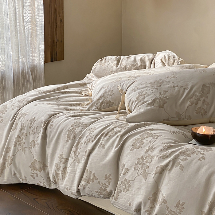 91家纺网 家纺一手货源 找家纺 宜代光年 2026新款棉麻人字纹提花四件套系列 蔷薇