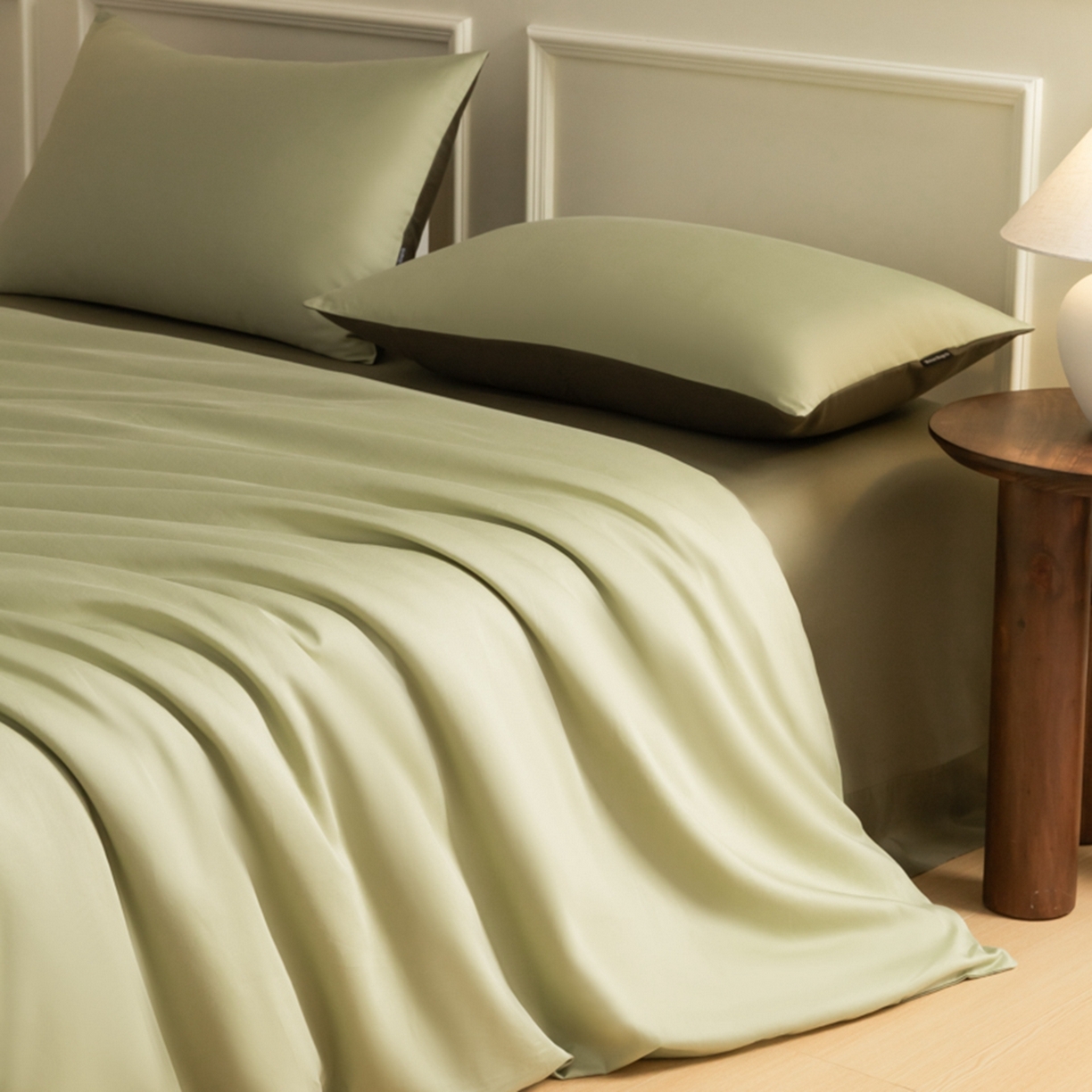 91家纺网 家纺一手货源 找家纺 秀色家纺 2026新款高端100pro新疆长绒棉床上四件套全棉纯棉四季纯色双拼高级感礼品团购四件套-米朵 米朵-春水浅绿+橄榄深绿