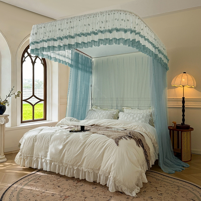 91家纺网 家纺一手货源 找家纺 梦尔佳蚊帐 2026新款百花盛开系列导轨蚊帐 单层 清雅淡蓝