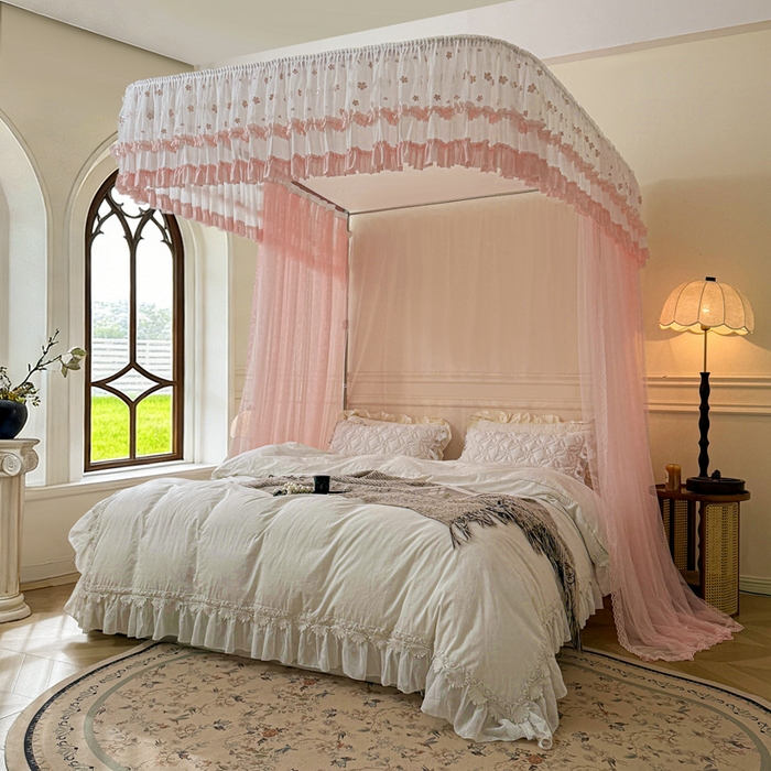 91家纺网 家纺一手货源 找家纺 梦尔佳蚊帐 2026新款百花盛开系列导轨蚊帐 单层 温馨藕玉