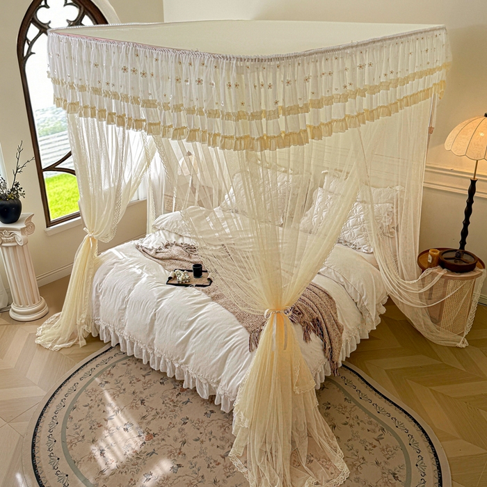 91家纺网 家纺一手货源 找家纺 梦尔佳蚊帐 2026新款百花盛开系列导轨蚊帐 单层 花蕊淡黄