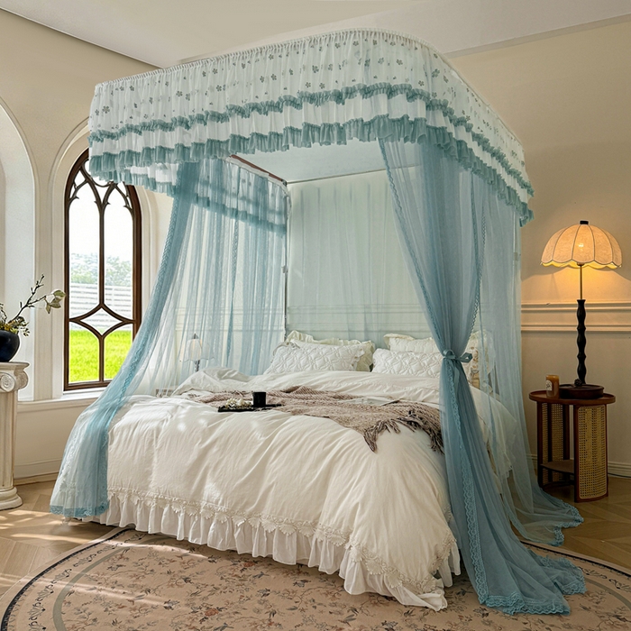 91家纺网 家纺一手货源 找家纺 梦尔佳蚊帐 2026新款百花盛开系列导轨蚊帐 单层 清雅淡蓝