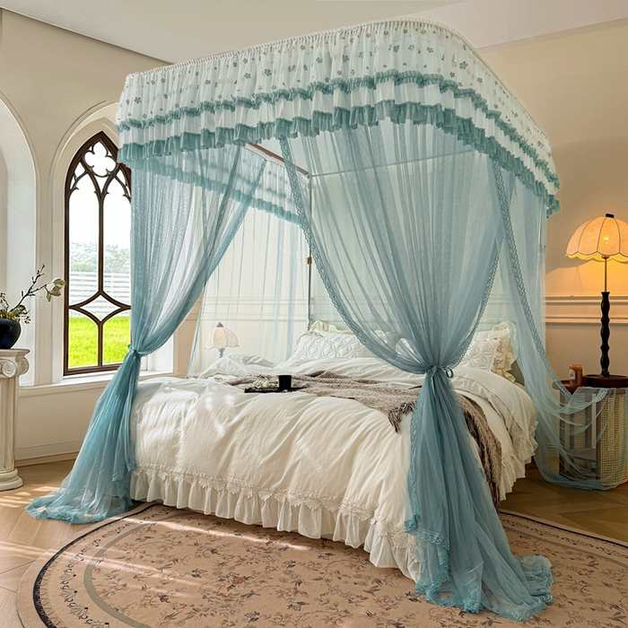 梦尔佳蚊帐 2026新款百花盛开系列导轨蚊帐 单层 清雅淡蓝