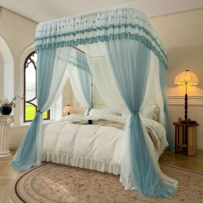 91家纺网 家纺一手货源 找家纺 梦尔佳蚊帐 2026新款百花盛开系列导轨蚊帐 双层 清雅淡蓝