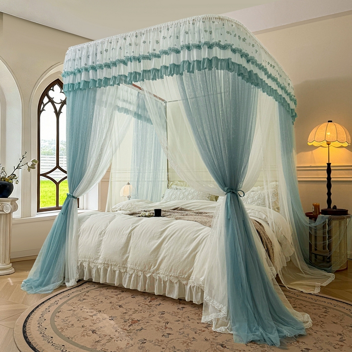 91家纺网 家纺一手货源 找家纺 梦尔佳蚊帐 2026新款百花盛开系列导轨蚊帐 双层 清雅淡蓝