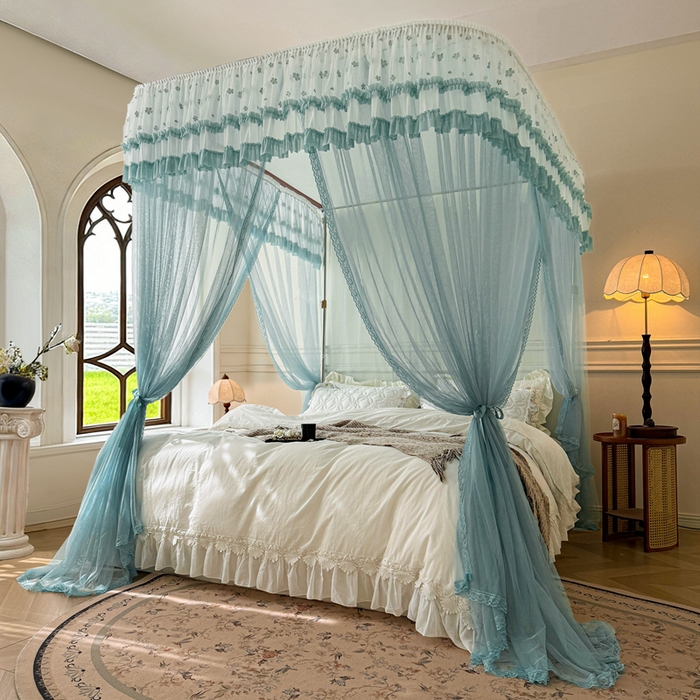 91家纺网 家纺一手货源 找家纺 梦尔佳蚊帐 2026新款百花盛开系列导轨蚊帐 单层 清雅淡蓝