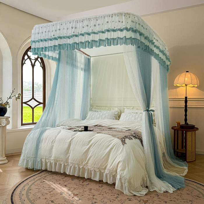 91家纺网 家纺一手货源 找家纺 梦尔佳蚊帐 2026新款百花盛开系列导轨蚊帐 双层 清雅淡蓝