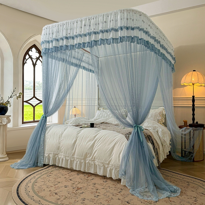 梦尔佳蚊帐 2026新款百花盛开系列导轨蚊帐 单层 优雅蓝灰