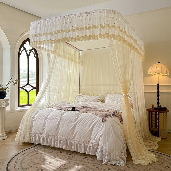 91家纺网 家纺一手货源 找家纺 梦尔佳蚊帐 2026新款百花盛开系列导轨蚊帐 单层 花蕊淡黄