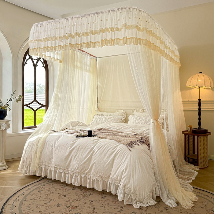 91家纺网 家纺一手货源 找家纺 梦尔佳蚊帐 2026新款百花盛开系列导轨蚊帐 双层 花蕊淡黄