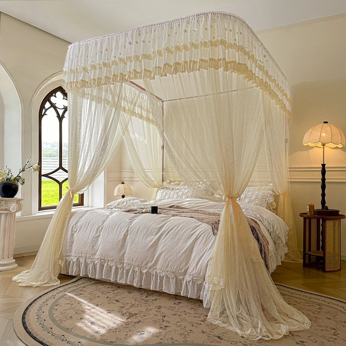 91家纺网 家纺一手货源 找家纺 梦尔佳蚊帐 2026新款百花盛开系列导轨蚊帐 单层 花蕊淡黄