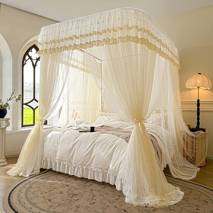 91家纺网 家纺一手货源 找家纺 梦尔佳蚊帐 2026新款百花盛开系列导轨蚊帐 双层 花蕊淡黄