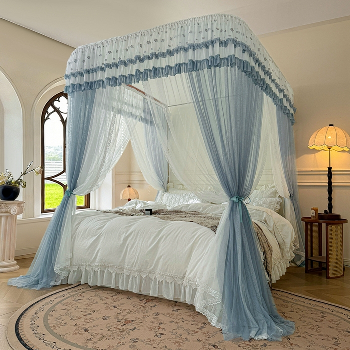 91家纺网 家纺一手货源 找家纺 梦尔佳蚊帐 2026新款百花盛开系列导轨蚊帐 双层 优雅蓝灰