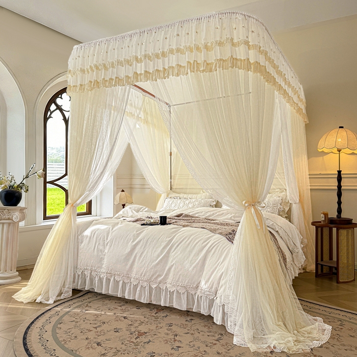 91家纺网 家纺一手货源 找家纺 梦尔佳蚊帐 2026新款百花盛开系列导轨蚊帐 双层 花蕊淡黄